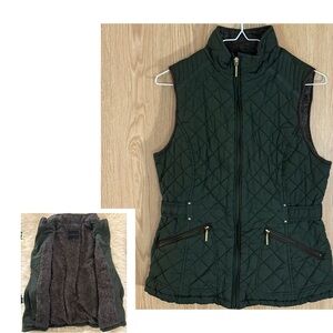 Weatherproof Olive Green Insulated Full Zip Puffer Vest with Brown Fur Lining